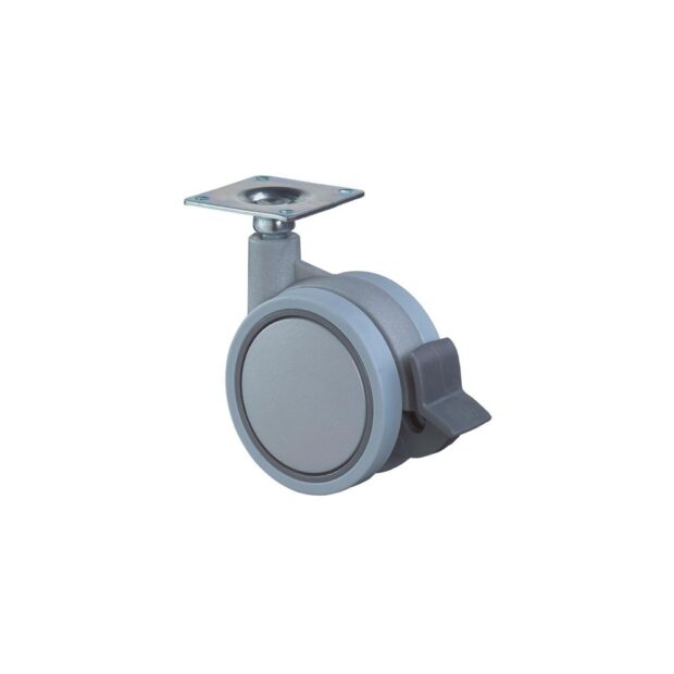 BS ROLLEN Plastic twin lockable castor  wheel dm 60 mm load cap. 35 kg with bolt-on plate silver grey plastic