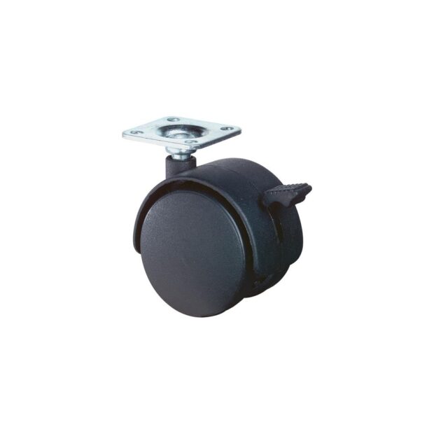 BS ROLLEN Plastic twin lockable castor  wheel dm 50 mm load cap. 40 kg with bolt-on plate polyamide black, RAL 9005