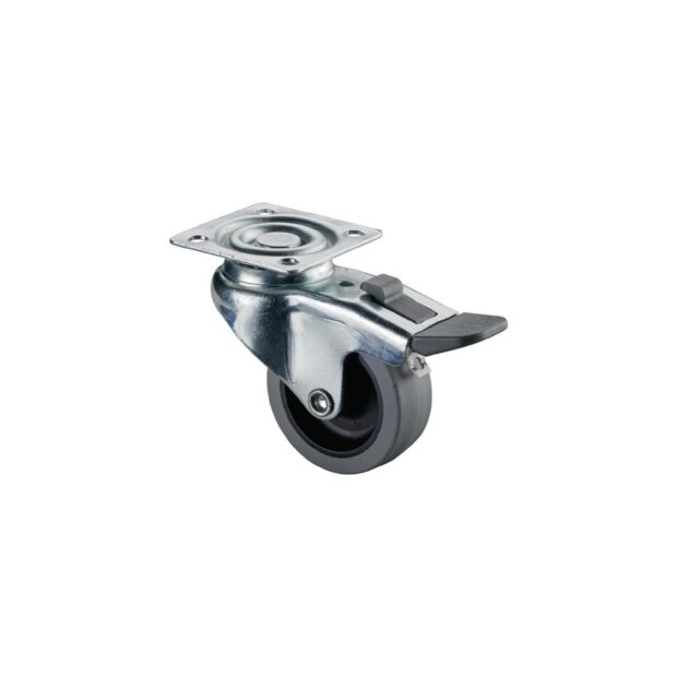 BS ROLLEN Swivel castor with total stop  wheel dm 50 mm load cap. 35 kg with screw-on plate friction bearings rubber grey