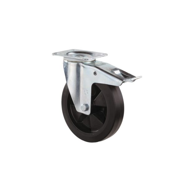 BS ROLLEN Swivel castor  wheel dm 160 mm load cap. 250 kg with total locking device, solid rubber 138x109 mm