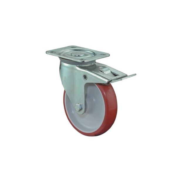 BS ROLLEN Swivel castor  wheel dm 125 mm load cap. 150 kg with total locking device, polyurethane 104x80 mm red