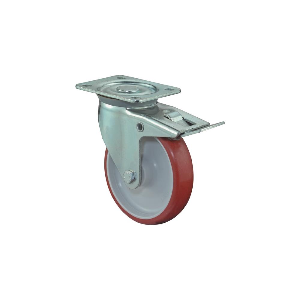 BS ROLLEN Swivel castor wheel dm 150 mm load cap. 240 kg with total locking device, polyurethane 135x110 mm red