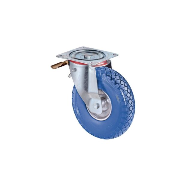 BS ROLLEN Swivel castor with total stop  wheel dm 260 mm load cap. 160 kg with screw-on plate roller bearings rubber blue