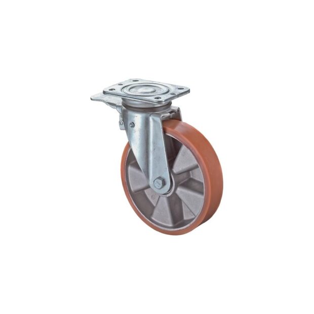 BS ROLLEN Swivel castor with total stop  wheel dm 125 mm load cap. 300 kg with screw-on plate ball bearings cast-polyurethane bandage