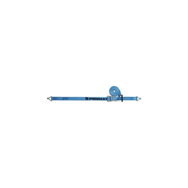 PROMAT Lashing strap DIN EN 12195-2 length 8 m width 50 mm with ratchet + claw hook LC U 4000 daN