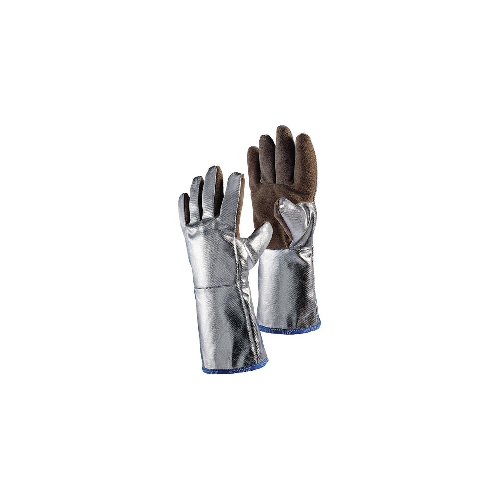 JUTEC Heat-resistant glove 5-finger, universal size natural/silver sebatan leather with alu. preox-aramid EN 388, EN 407 PPE category III