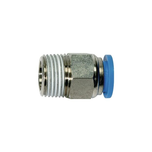 RIEGLER Straight push-in threaded connection blue series external thread R 1/2 inch AF 21 mm w. thread coating and hex., conical 6 mm 4 mm