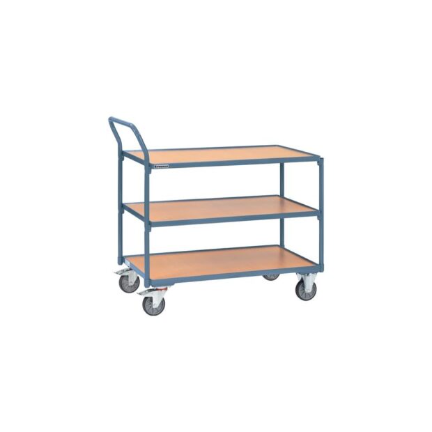 PROMAT Table trolley  3 platforms L 850 x W 500 mm pigeon blue, RAL 5014 load cap.300 kg push bar, vertical