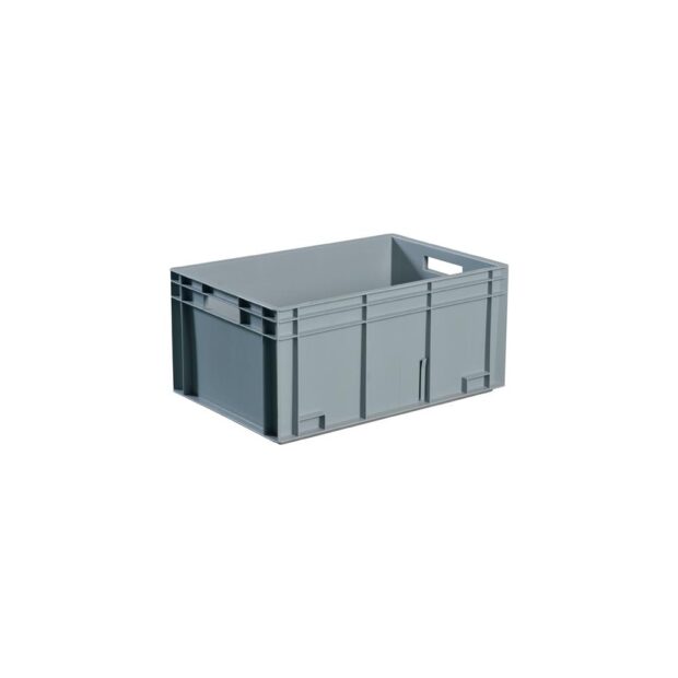 PROMAT Stackable transport container  L 600 x W 400 x H 150 mm grey PP open handle closed side panels