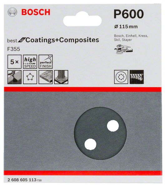 Robert Bosch Power Tools GmbH F355 sanding sheet, pack of 5. For random orbital sanders