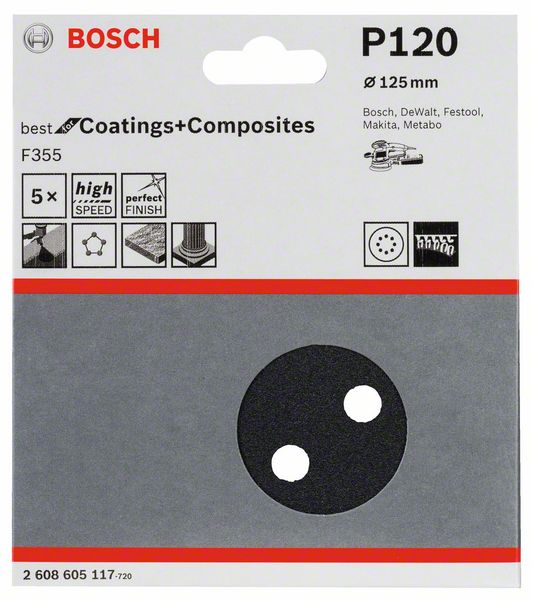 Robert Bosch Power Tools GmbH F355 sanding sheet, pack of 5. For random orbital sanders