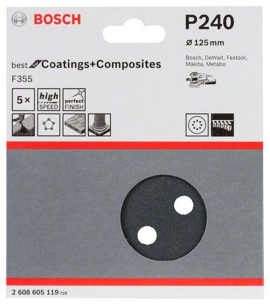 Robert Bosch Power Tools GmbH F355 sanding sheet, pack of 5. For random orbital sanders