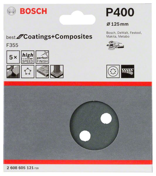 Robert Bosch Power Tools GmbH F355 sanding sheet, pack of 5. For random orbital sanders