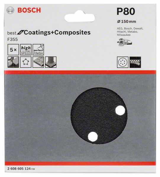 Robert Bosch Power Tools GmbH F355 sanding sheet, pack of 5. For random orbital sanders