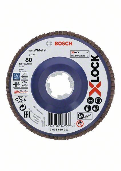 Robert Bosch Power Tools GmbH X-LOCK Flap discs, straight version, plastic plate, Ø125mm, G 80, X571, Best for Metal, 1pcs. For small angle grinders