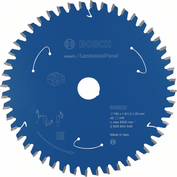 Robert Bosch Power Tools GmbH Expert for Laminated Panel Circular Saw Blade for Cordless Saws 160x1.8/1.2x20 T48. For hand-held circular saws