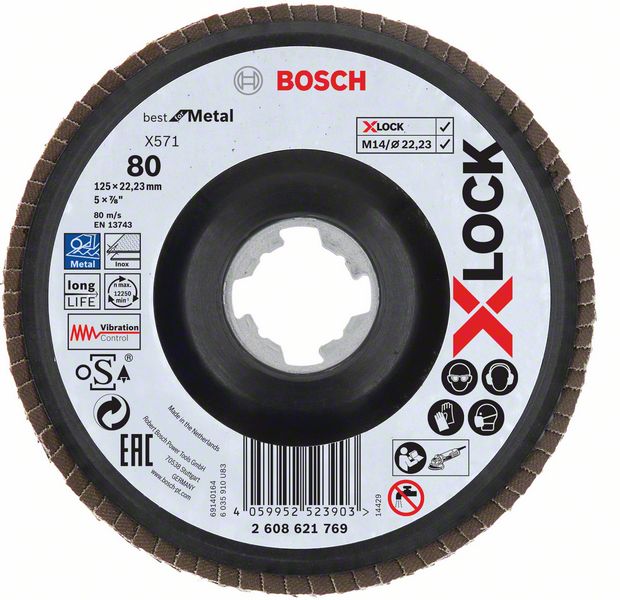 Robert Bosch Power Tools GmbH X-LOCK Flap discs, angled version, plastic plate, Ø125mm, G 80, X571, Best for Metal, 1pce. For small angle grinders