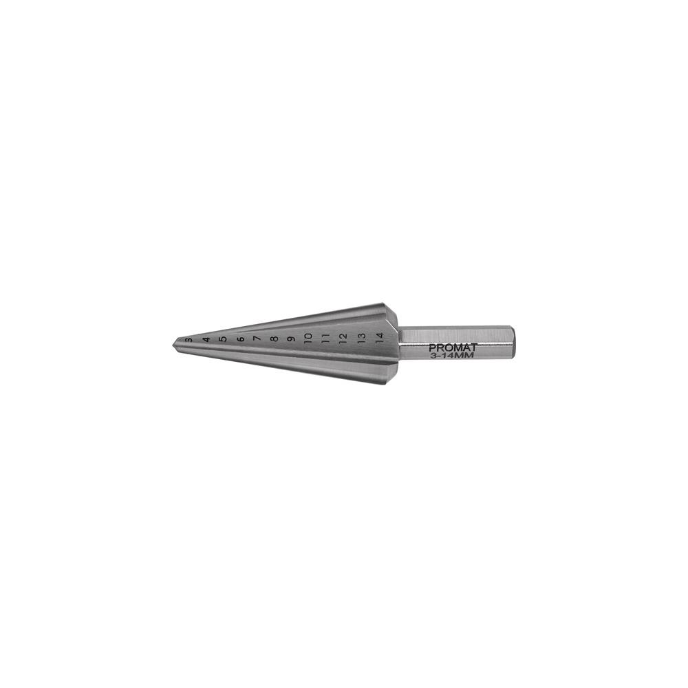 PROMAT Conical sheet metal bit drill. range 3-14 mm HSS-Co overall length 58 mm no. of cutters 2