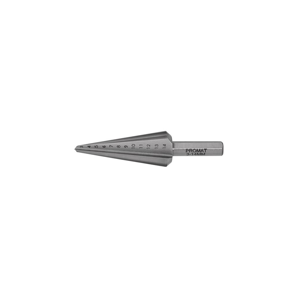 PROMAT Conical sheet metal bit drill. range 3-14 mm HSS overall length 58 mm no. of cutters 2