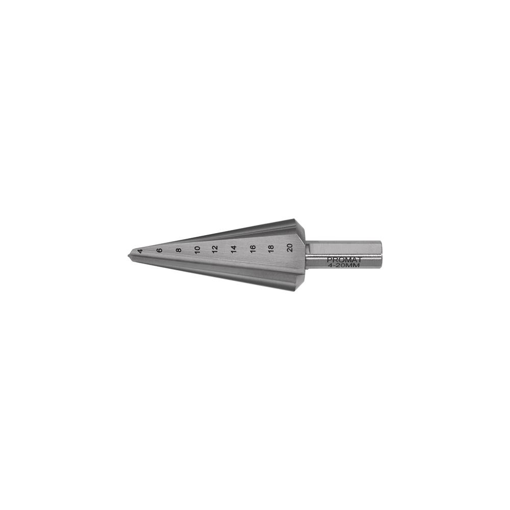 PROMAT Conical sheet metal bit drill. range 4-20 mm HSS overall length 71 mm no. of cutters 2
