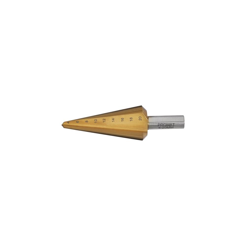 PROMAT Conical sheet metal bit drill. range 4-20 mm HSS overall length 71 mm no. of cutters 2