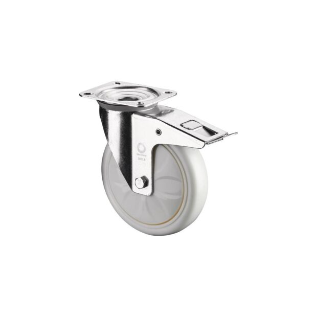 BS ROLLEN Swivel castor  wheel dm 150 mm load cap. 600 kg with plastic arrester 138x110 mm white