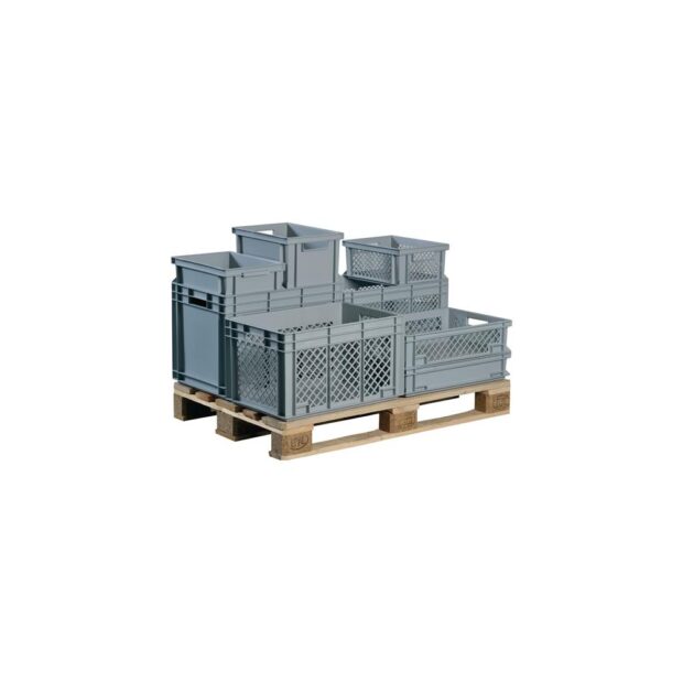 LOCKWEILER Stackable transport container  L 400 x W 300 x H 220 mm grey PP open handle perforated side panels