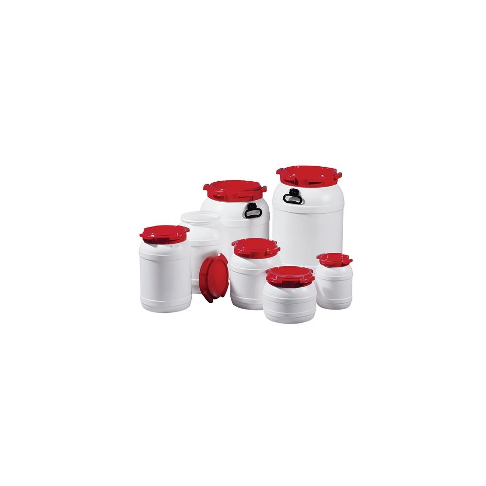Wide neck container 10.0 l PE white with red lid no handles fill port diameter 203 mm