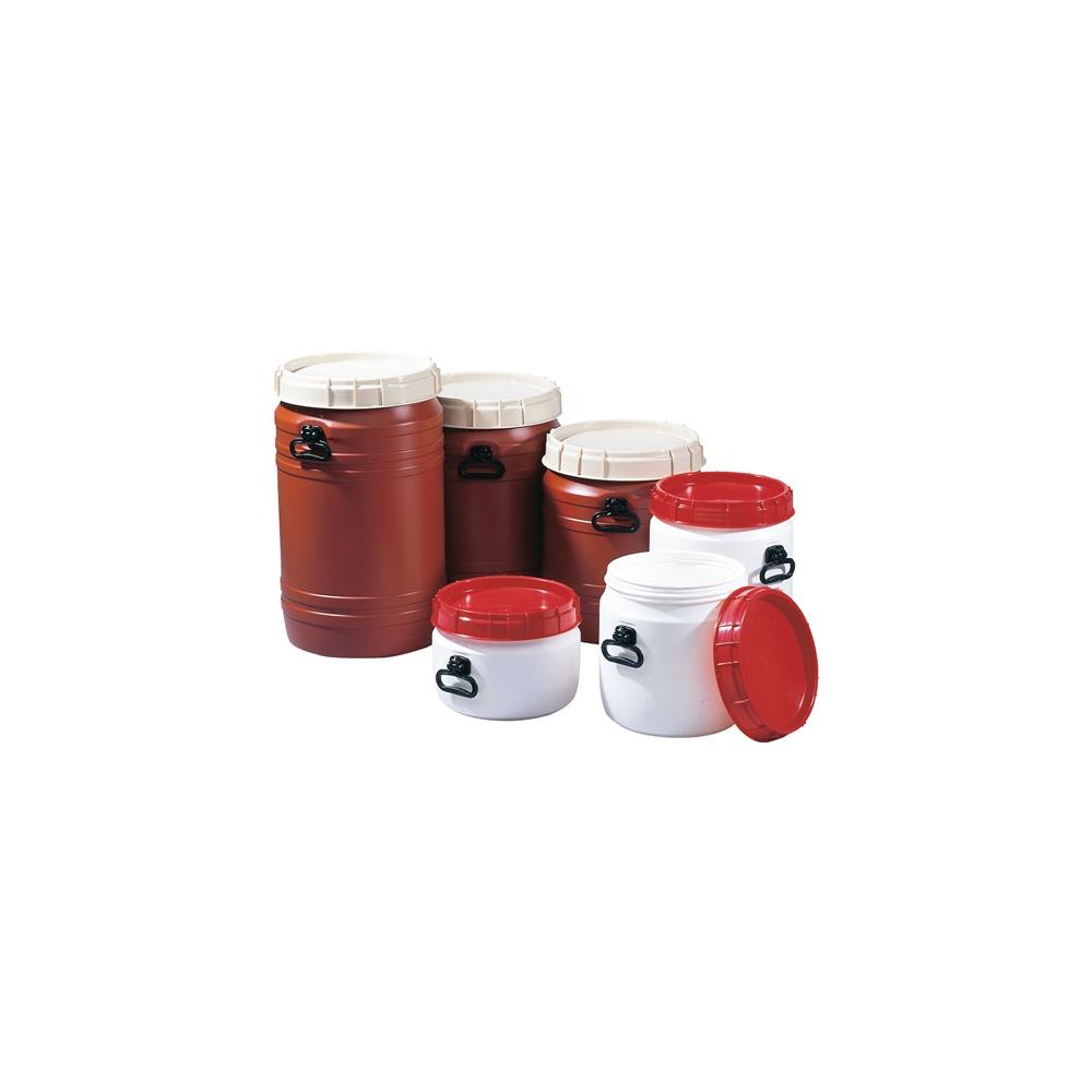 Wide neck container 34 l white with red lid with 2 handles fill port diameter 295 mm