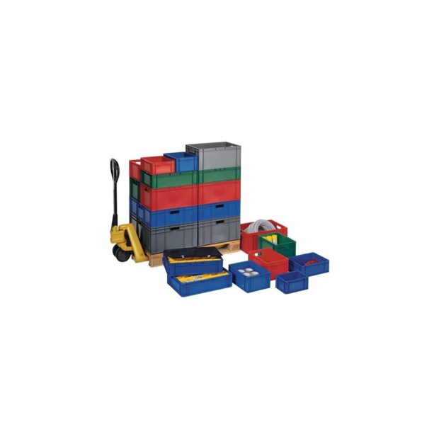 LA-KA-PE Stackable transport container  L 800 x W 600 x H 320 mm blue PP open handle closed side panels